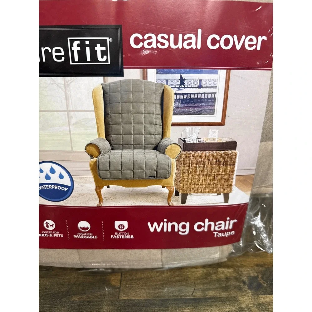 SureFit Casual Cover Wing Chair Slipcover Taupe Waterproof Quilted Soft Suede